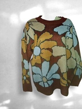 Pink Lily Brown Floral Crewneck Sweater with Blue & Yellow Blooms